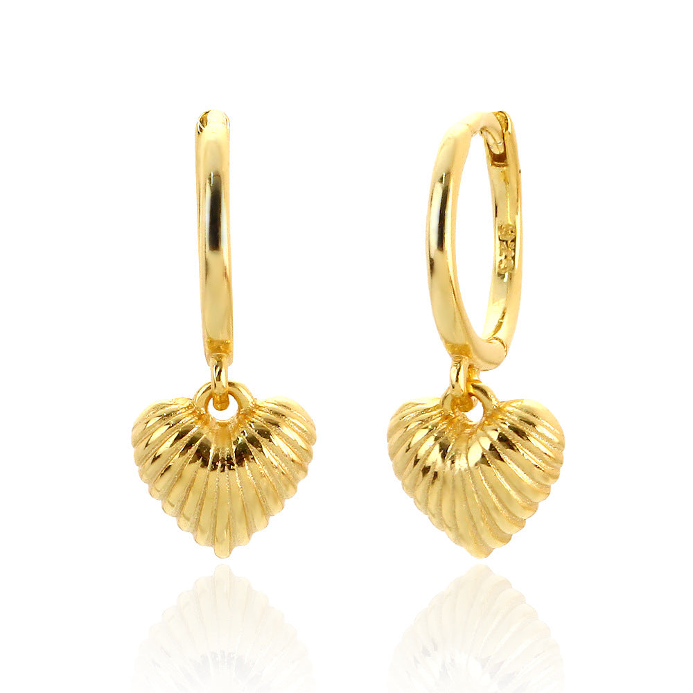 Sweet-Edgy Heart-Shaped S925 Sterling Silver Ear Cuffs with Shell Texture and Gold Plating for Women