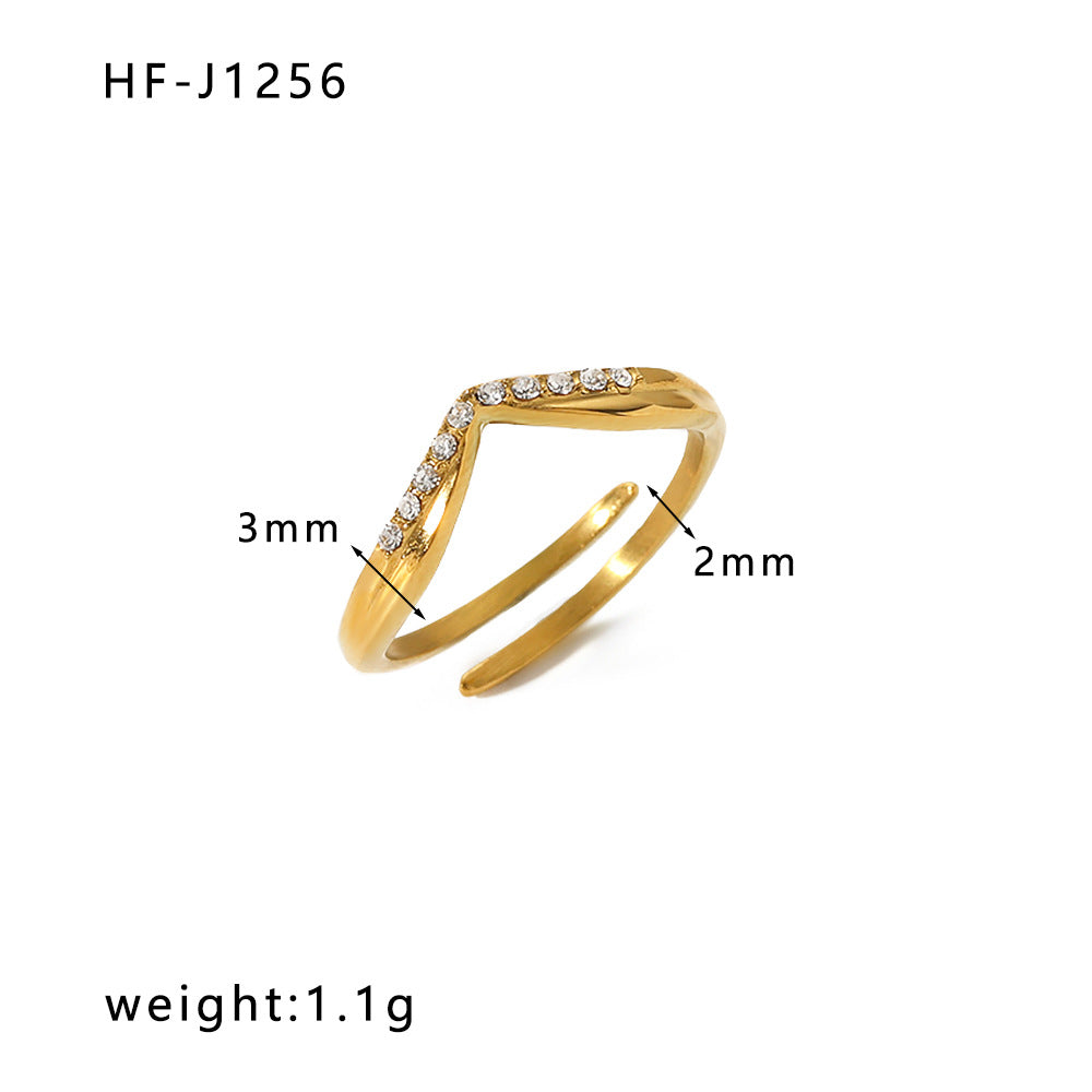 Minimalist French-Inspired Geometric Crown-Shaped Stainless Steel Ring with Zircon Inlay and 18K Vacuum Gold Plating for Women