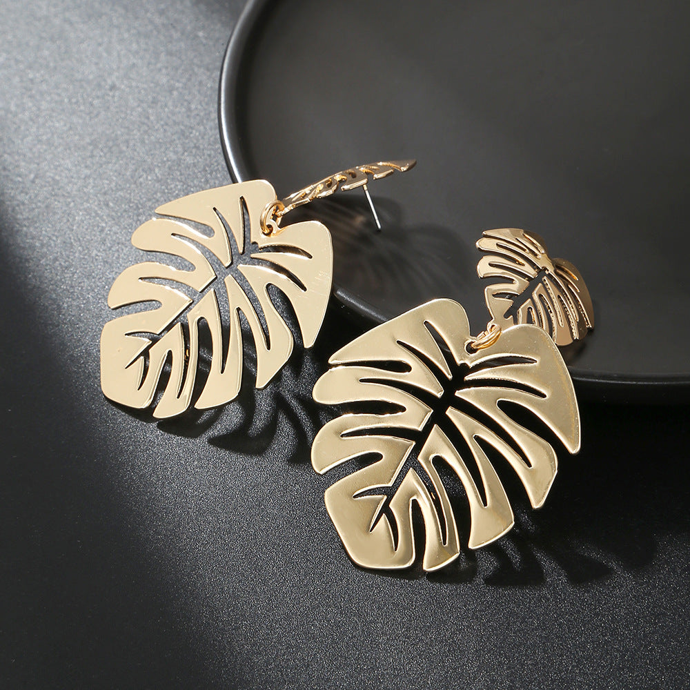 Geometric Double Leaf Plated Alloy Earrings