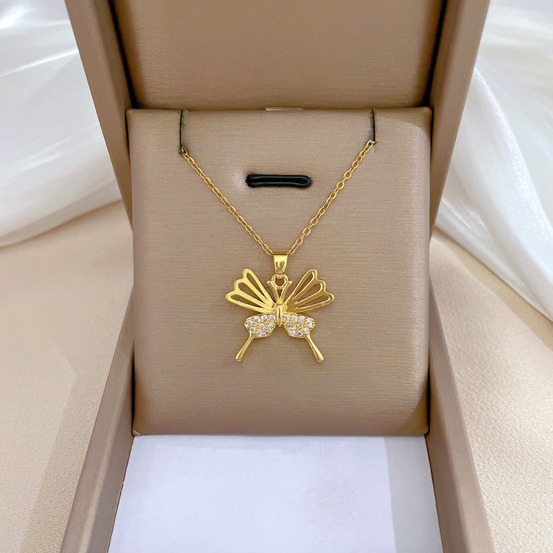 Minimalist Geometric Titanium Steel Necklace with Gold Plated Brass Pendant and Rhinestone Inlay