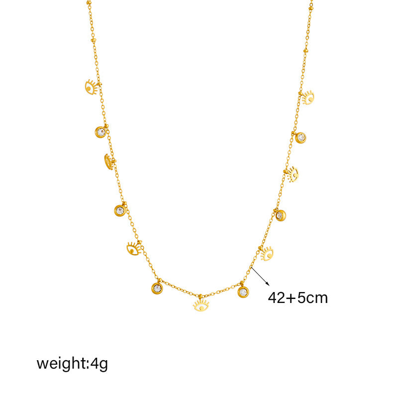 Collana Minimalista con Ciondolo Occhio Vuoto Piccolo in Acciaio al Titanio con Intarsio di Strass e Finitura Placcata