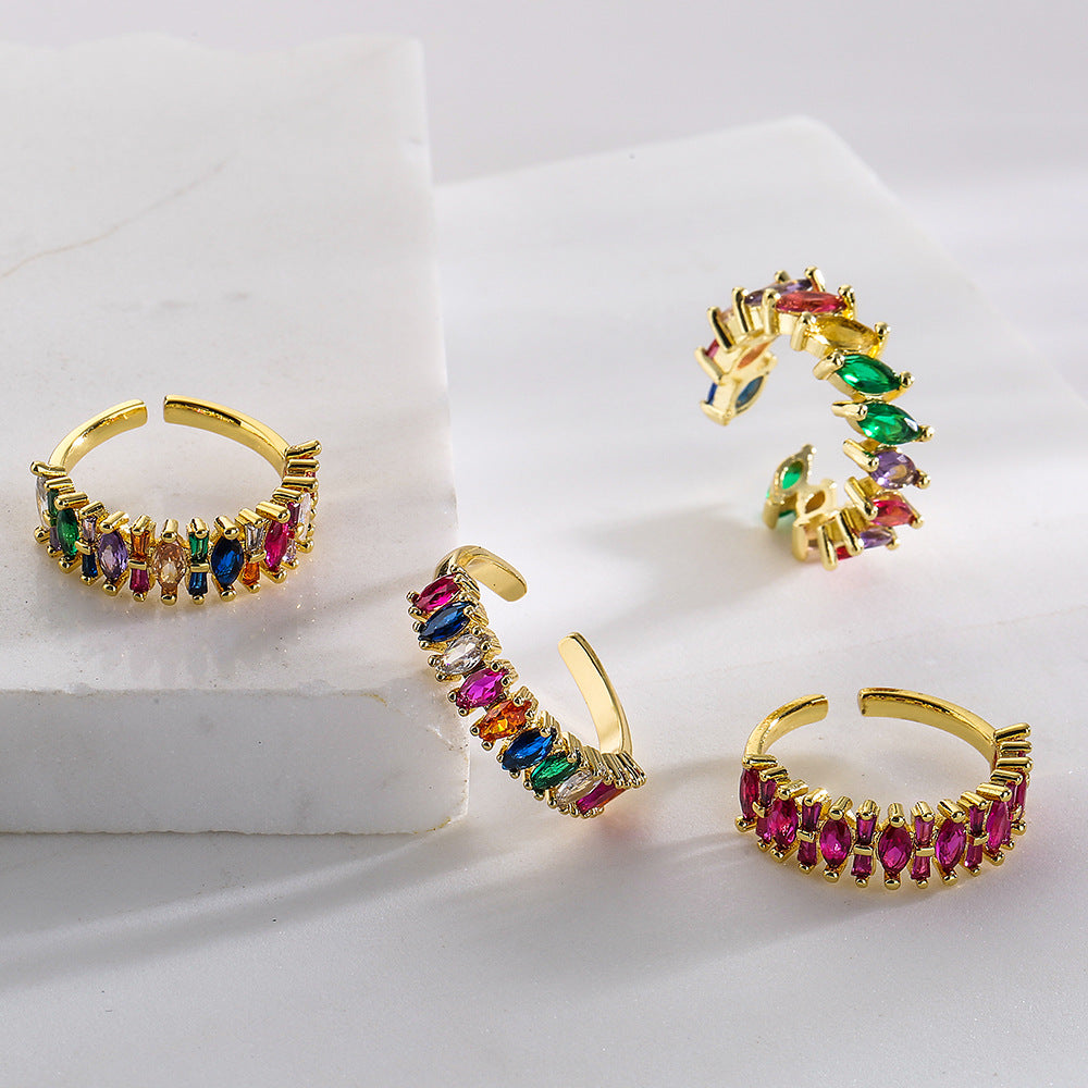 Geometric Open Ring for Women in Copper with 18K Gold Plating and Rainbow Zircon Inlay