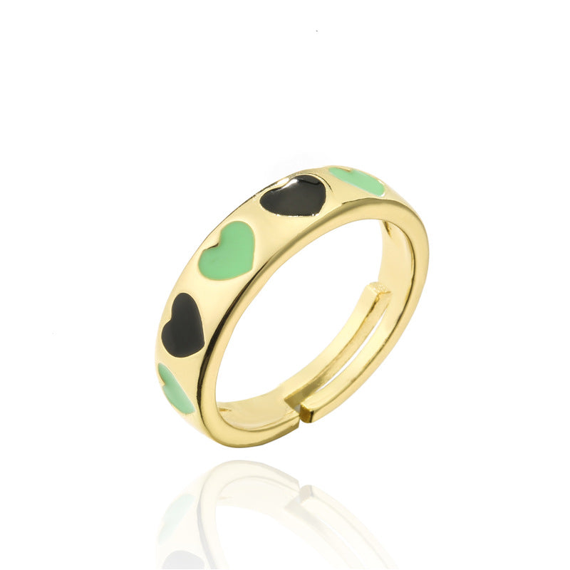 Mixed Color Drip Oil Heart Shaped Brass Ring for Women