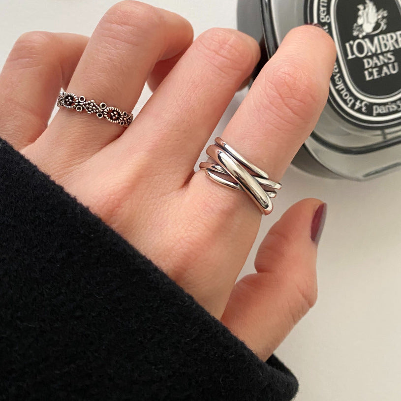 Anillo con incrustaciones geométricas redondas de corazón de plata de ley 925 vintage para mujer