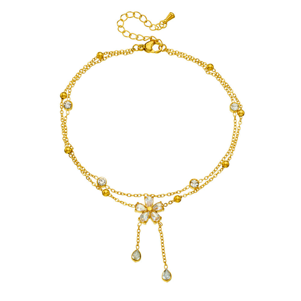 Minimalist Gold Plated Stainless Steel Floral Rhinestone Tassel Double Layer Anklet