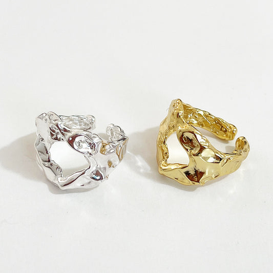 Anillo geométrico abierto de plata de ley 925 con textura irregular de estilo francés único para mujer