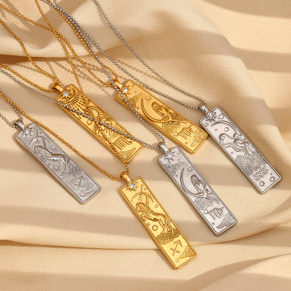 Vintage Geometric Zodiac Pendant Necklace for Women Stainless Steel with 18K Gold Plating Square Charm