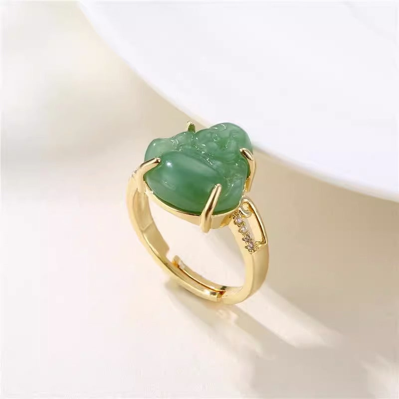 Anello Buddha di Design Originale in Rame Placcato Oro 18K con Intarsio in Giada, Fascia Aperta Regolabile per Donna