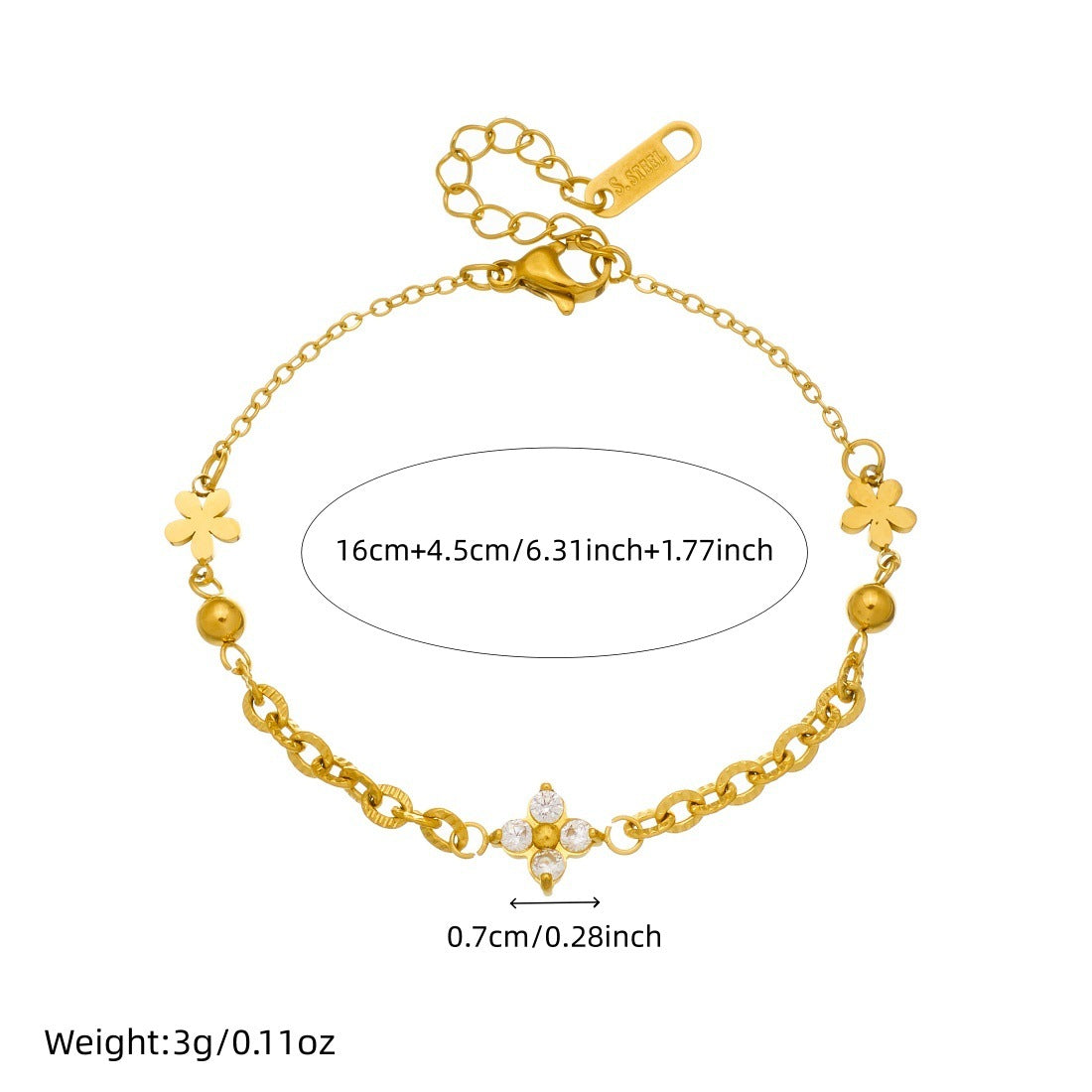 Minimalist Elegant Gold Plated Stainless Steel Rhinestone Floral Bracelet