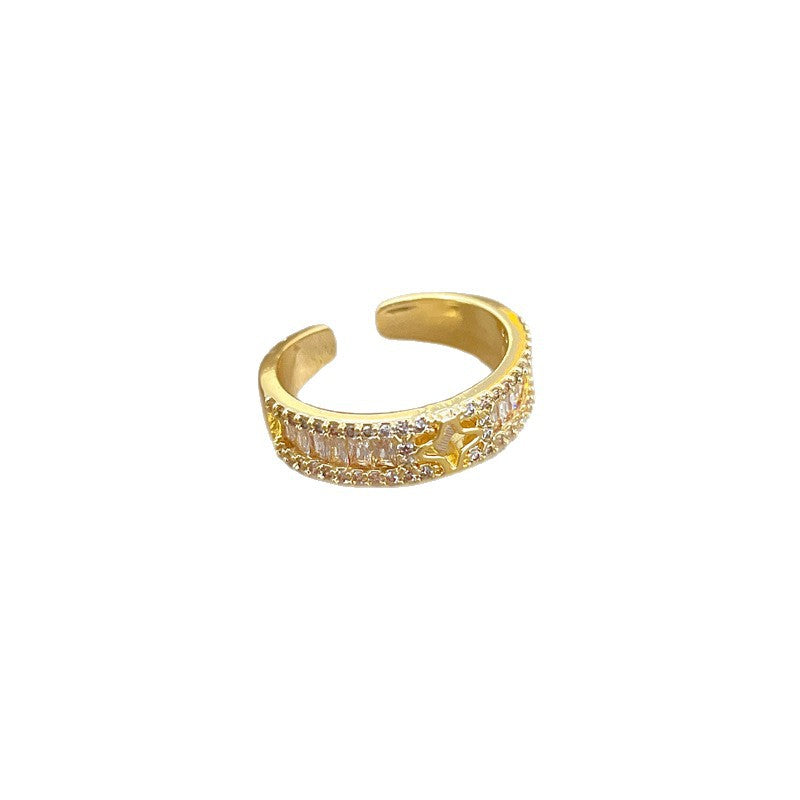 Sweet Minimalist Gold Plated Brass Crown Rhinestone Adjustable Ring for Women and Couples