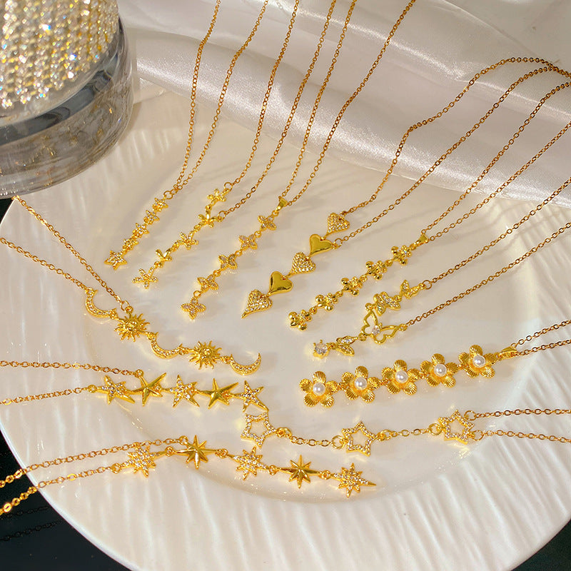 Micro-Paved Cubic Zirconia Star Floral Tassel Titanium Steel Necklace for Women