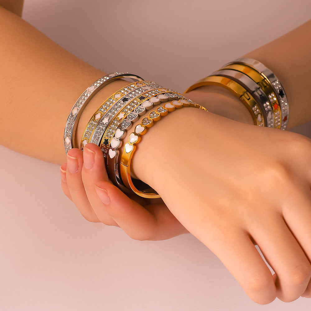 Ins Style Stainless Steel Waterproof Bracelet with Zircon Inlay White Abalone Shell and 18K Gold Plated Finish