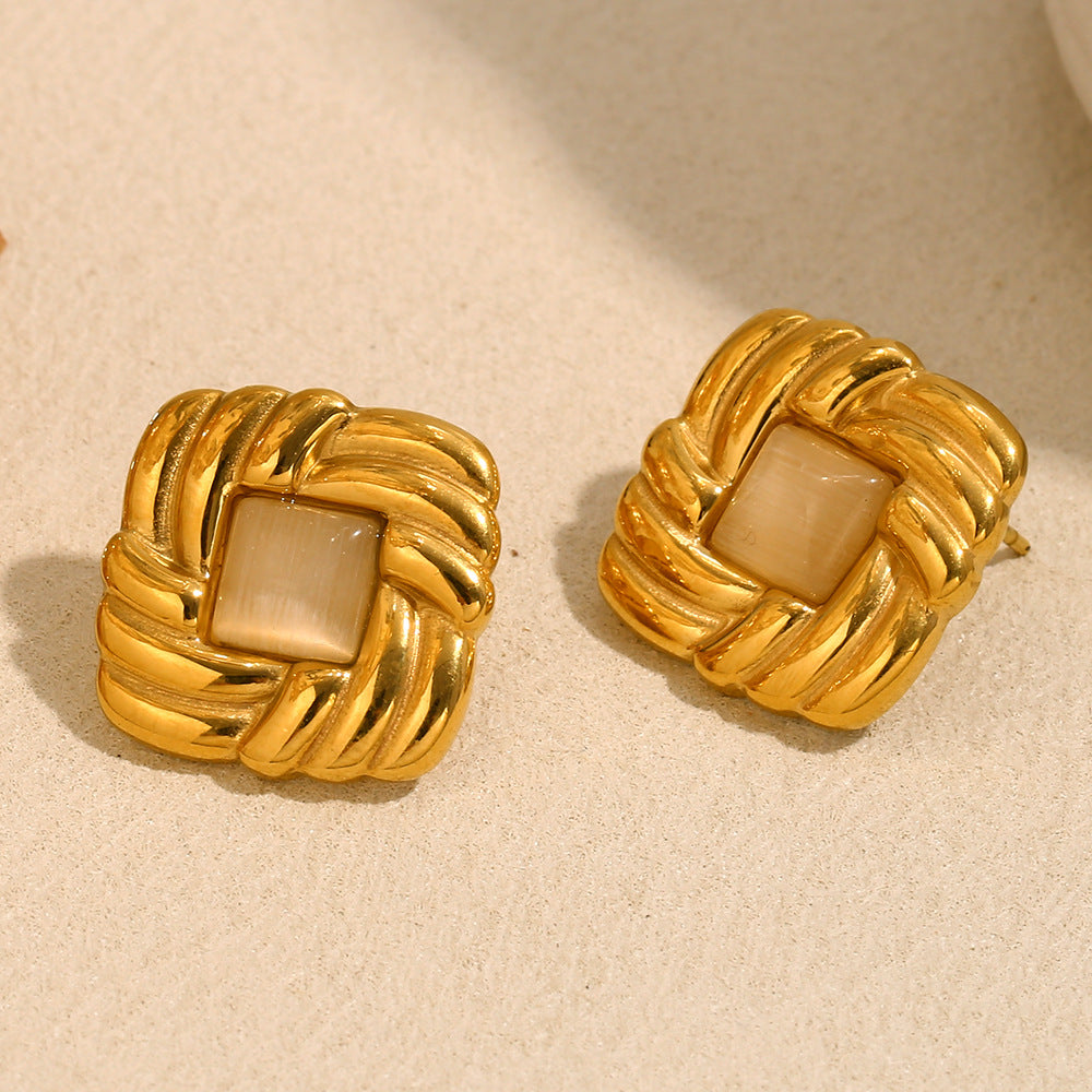 Fashion Vintage Geometric Square Cat Eye Stud Earrings Stainless Steel 18K Gold Plated for Women