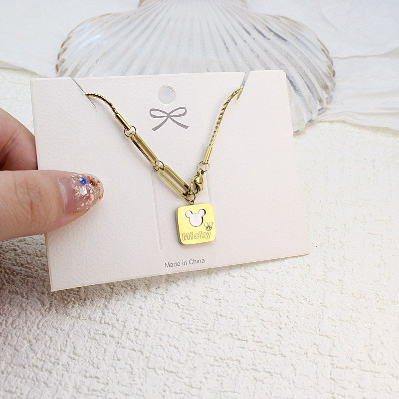 Minimalist Square Shell Mickey Mouse Titanium Steel Snake Chain Clavicle Necklace with Plating Finish