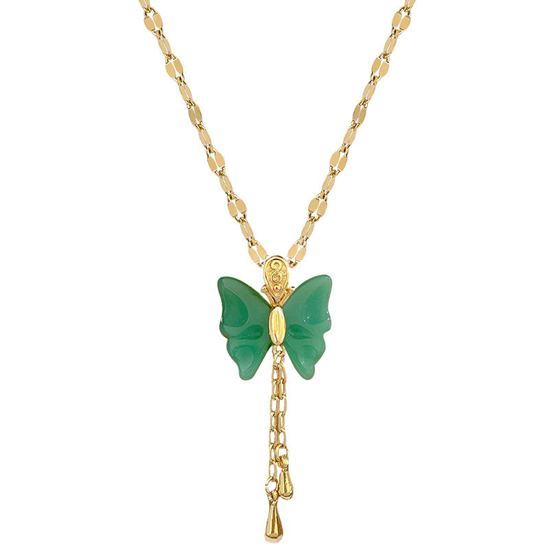 Collana con Ciondolo a Farfalla in Stile Naturale in Acciaio al Titanio con Intarsio di Strass da Donna