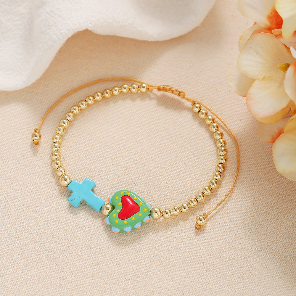 Casual Elegant Handmade Geometric Cross Heart Turquoise Bracelet with Gold Bead Accents