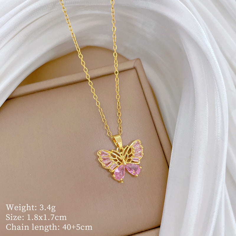 Sweet Minimalist Butterfly Rhinestone Titanium Steel Necklace for Unisex