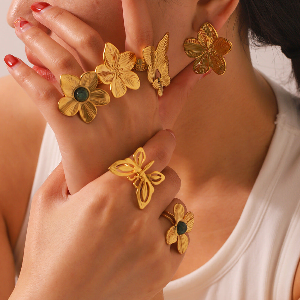 Floral Butterfly Shaped Stainless Steel Ring with 18K Gold Plating and Turquoise Inlay for Women