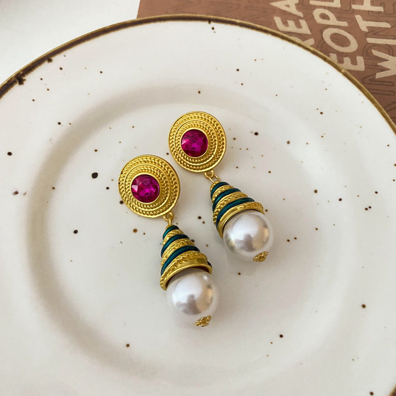 Pendientes de Ángel Retro Artísticos Ovalados con Incrustaciones de Pedrería para Mujer con Base de Cobre y Diseño Geométrico