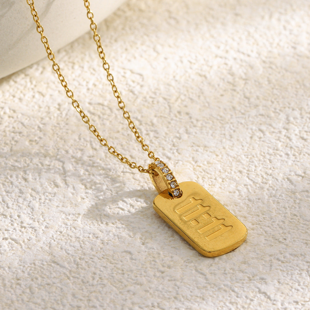 Minimalist Geometric Stainless Steel Plated 18K Gold 11:11 Square Pendant Necklace for Women