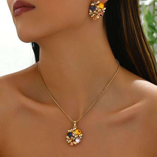 Minimalist Geometric Pendant Necklace Set with Rhinestone Inlay for Women Copper Chain and Matching Irregular Hoop Earrings
