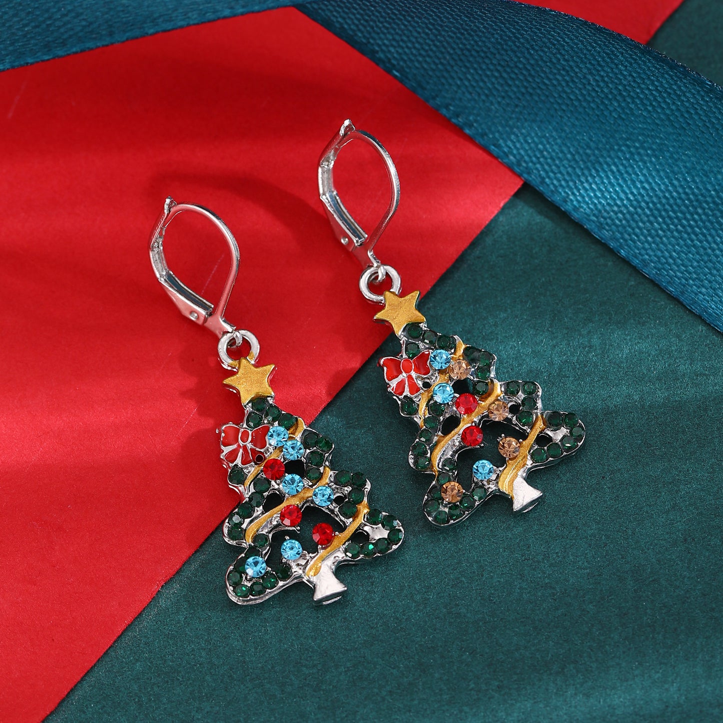 Orecchini da donna con strass in smalto a forma di fiocco rosso e stella in lega per albero di Natale