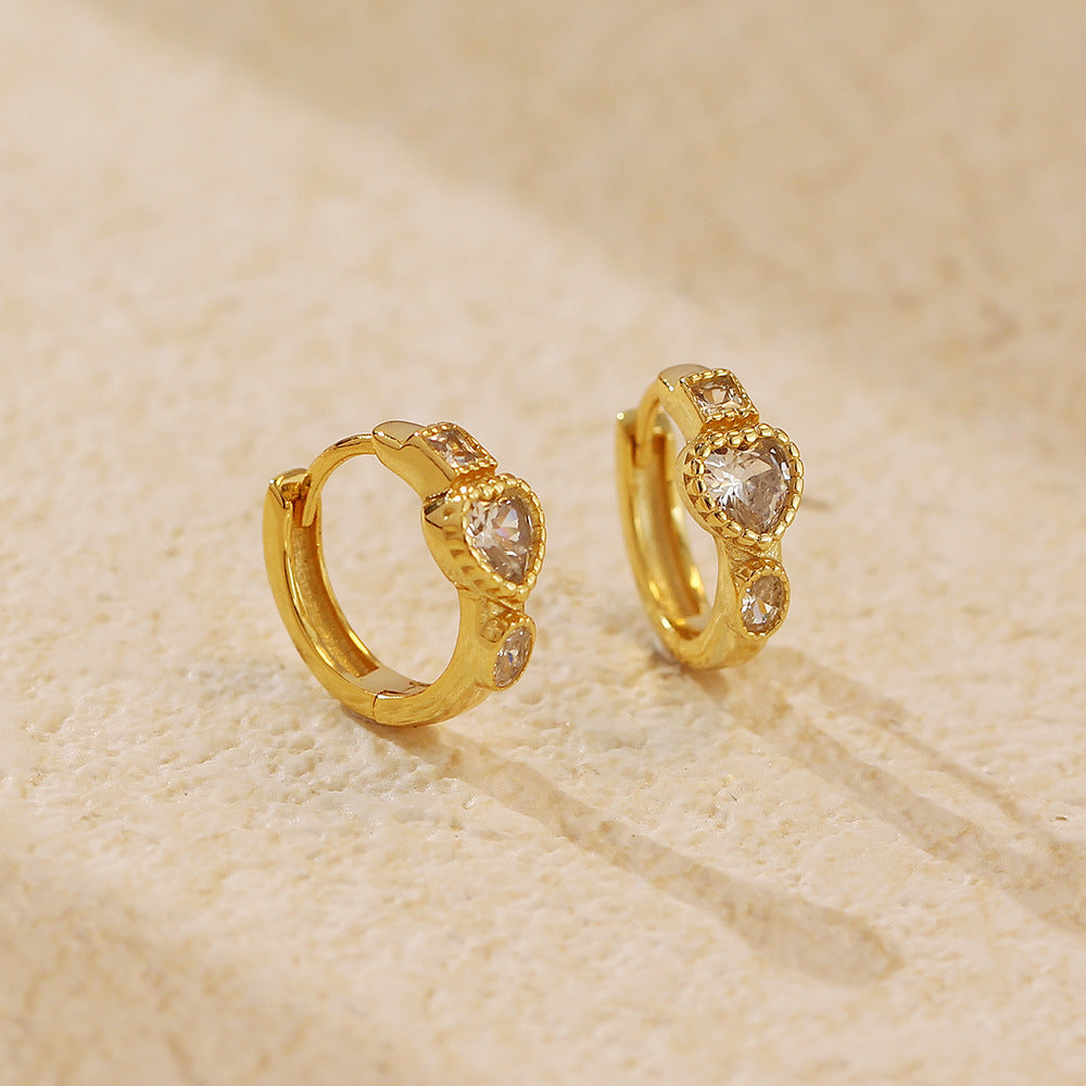 Minimalist Geometric Heart-Shaped S925 Sterling Silver Stud Earrings with Rhinestone Inlay for Women
