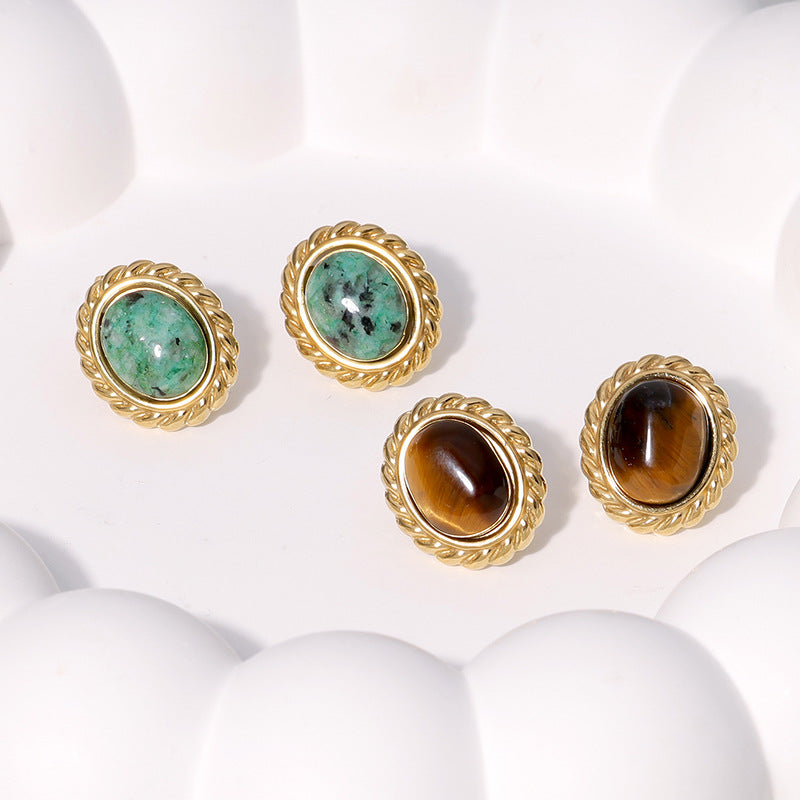 French Vintage Style Oval Geometric Stainless Steel Stud Earrings for Women with Plated Finish