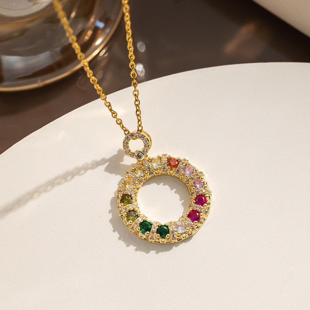 Minimalist Geometric Donut Pendant Necklace for Women in Titanium Steel with Colorful Zircon Inlay and Polished Finish
