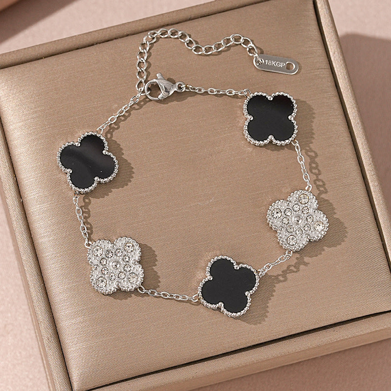 Bracciale Donna Lusso Stile Quadrifoglio in Acciaio al Titanio con Strass e Intarsio in Concha