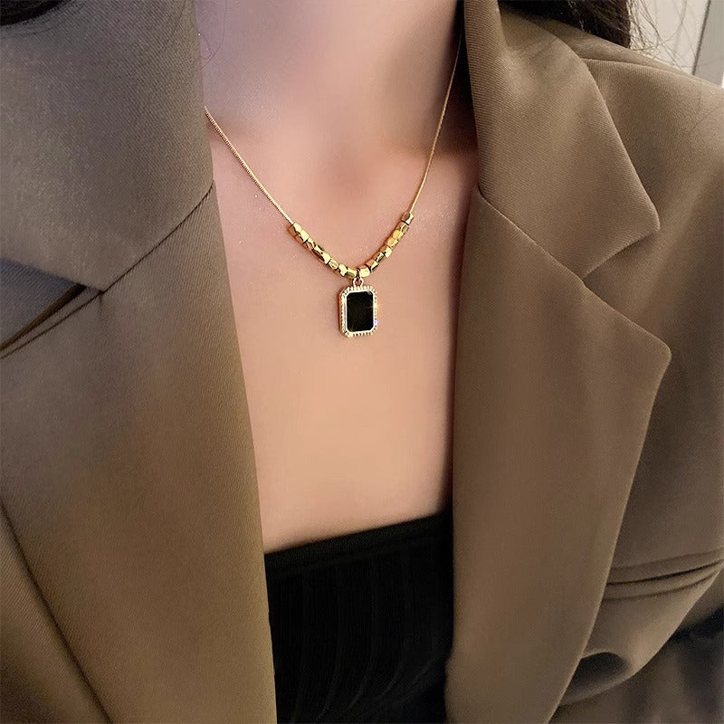 Minimalist Square Pendant Necklace for Women and Men in Titanium Steel with Rhinestone Inlay and Gold Plating on O-Chain