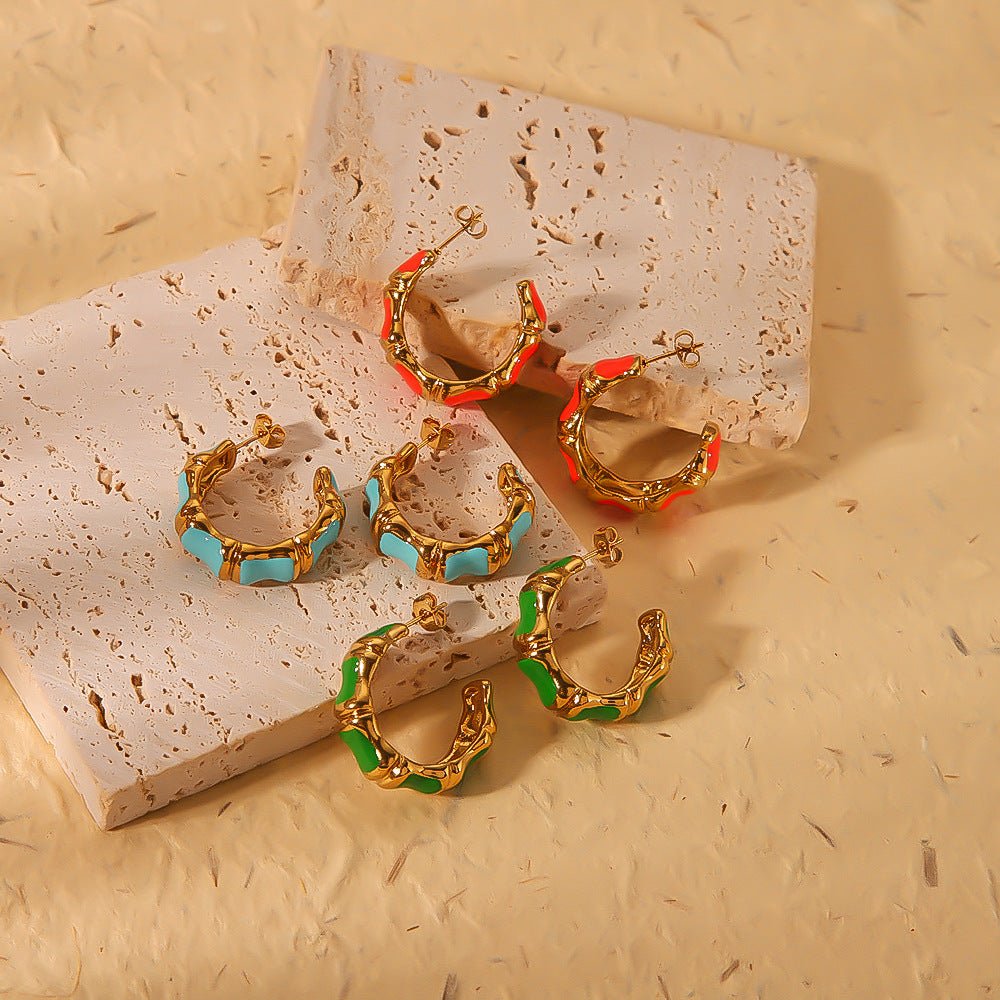 Minimalist Stainless Steel Bamboo Joint C-Shaped Earrings with Enamel Coloring and Gold Plating for Women