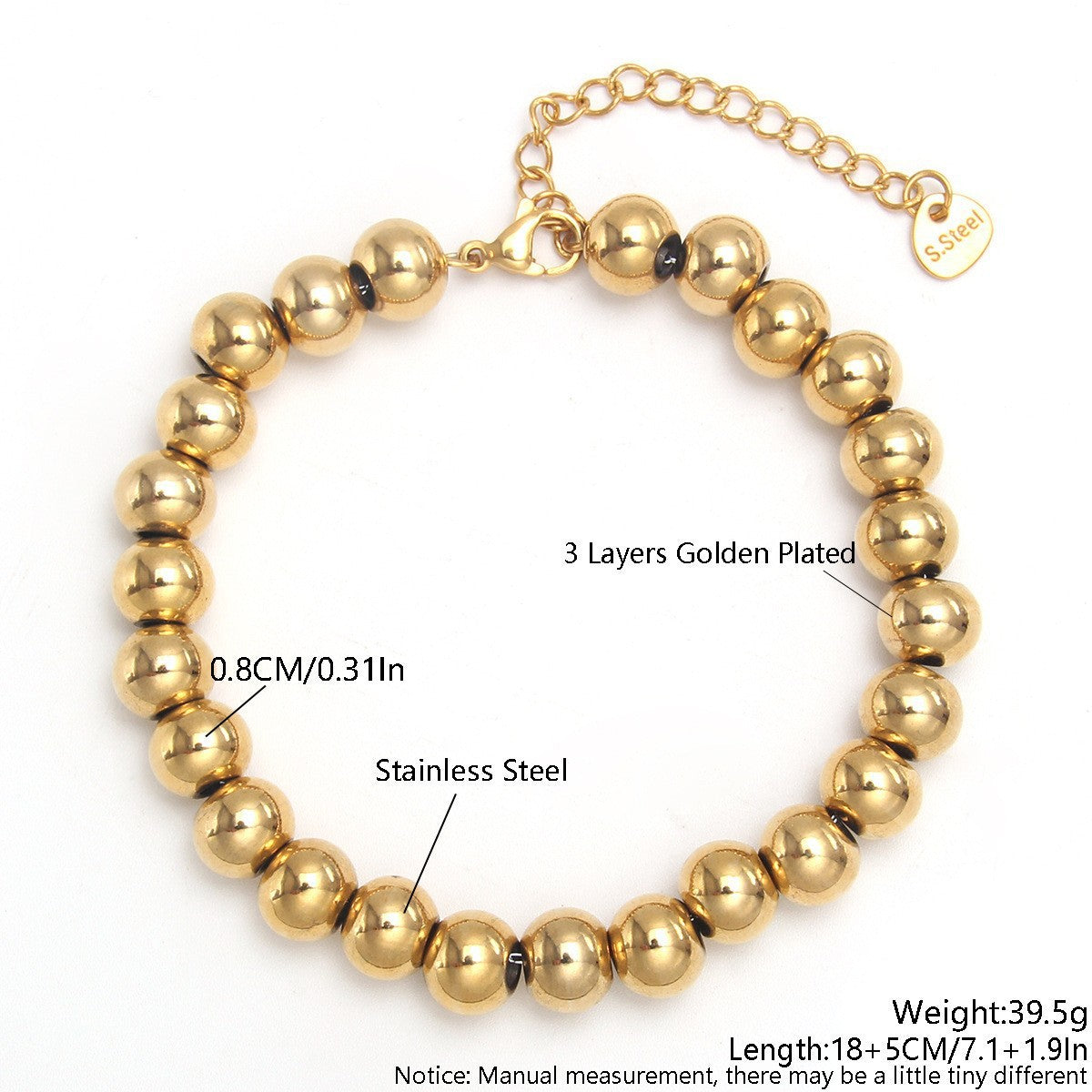Gold Plated Stainless Steel Ball Chain Bracelet Unisex Elastic Beaded Hand String