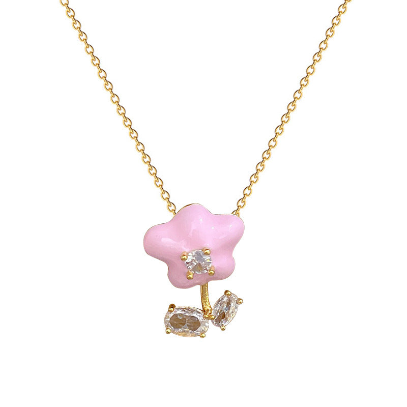 Minimalist Floral Geometric Pendant Necklace in Titanium Steel with Enamel Finish and Cubic Zirconia Accents for Women