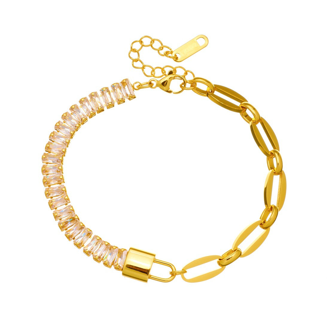 Vintage Gold Plated Lock Rhinestone Asymmetric Stainless Steel Bracelet for Women