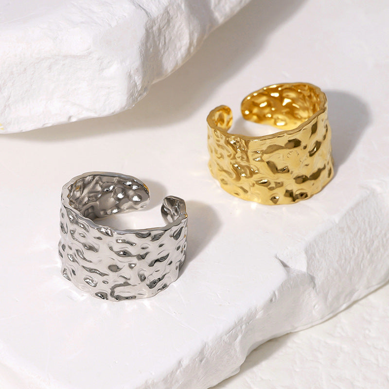 Minimalist Irregular Hammered Texture Titanium Steel Open Ring for Women with 18K Gold Plating