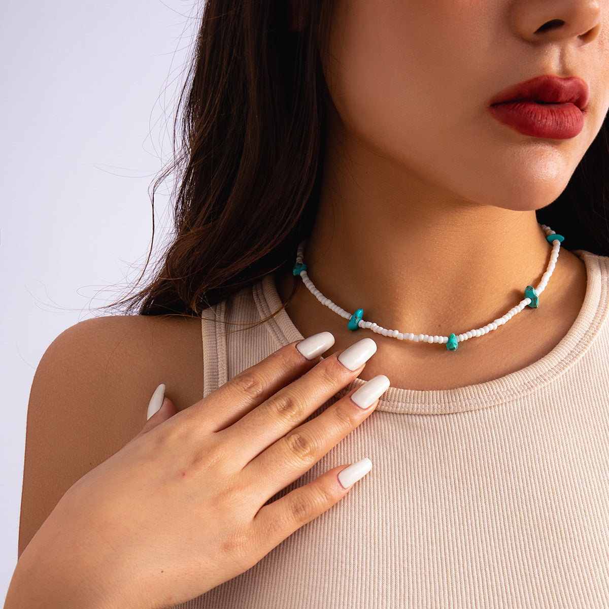 Handmade Bohemian Style Geometric Turquoise Beaded Necklace with Irregular Resin Beads on Round Ball Chain for Women