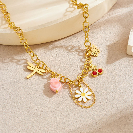 Sweet Drip Oil Floral Stainless Steel Necklace with Cherry and Daisy Pendant