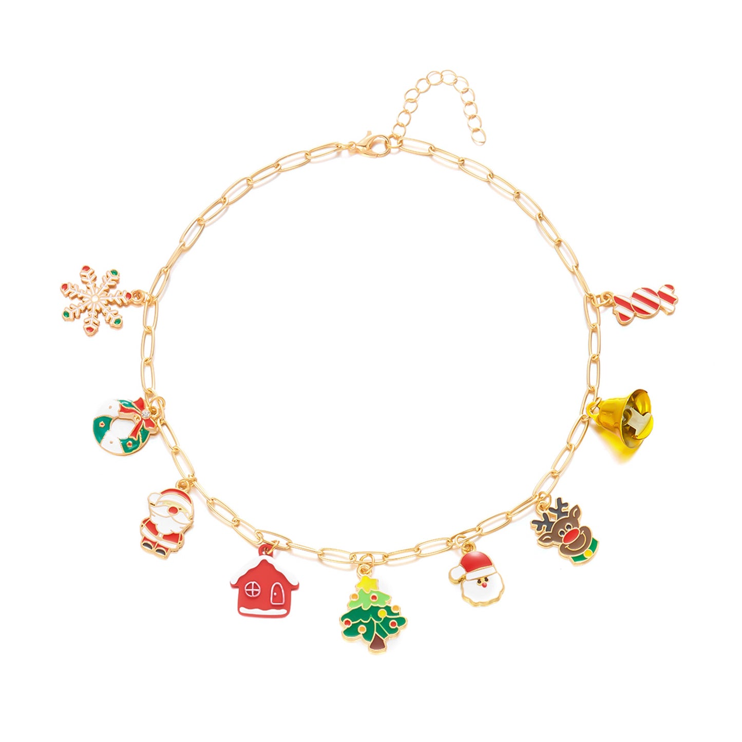 Collana con ciondolo in lega a tema natalizio e set bracciale con motivi a fiocco di neve e Babbo Natale, finitura smaltata, gioielli casual da donna