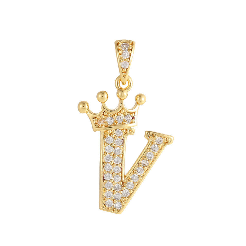 Gold Plated Brass Crown Letter Charm Bar with Cubic Zirconia for DIY Necklace Bracelet