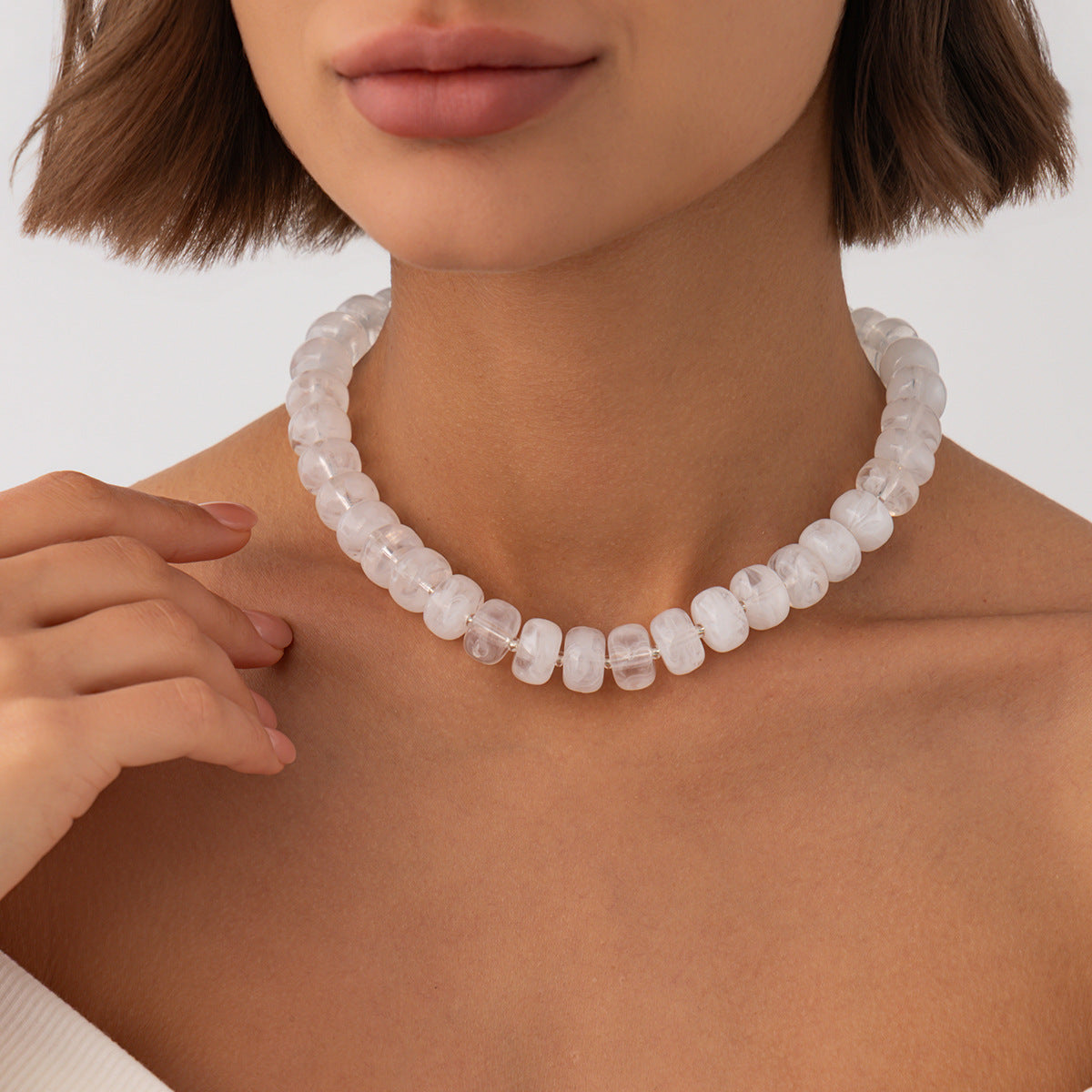 Sweet Geometric Gradient Resin Beaded Necklace Stainless Steel Chain Women's Jewelry