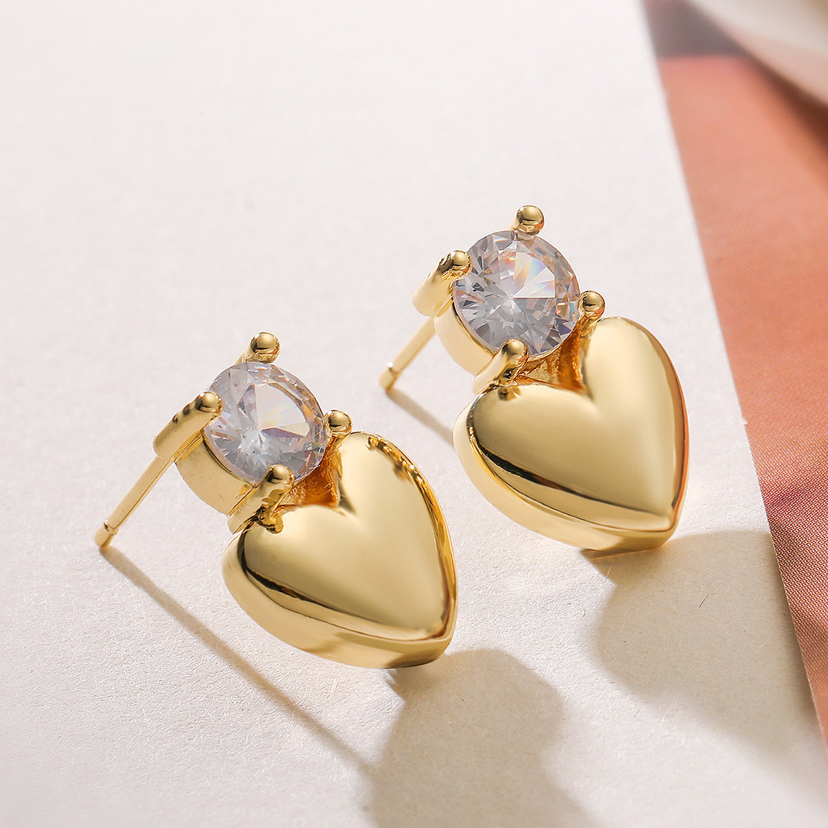 Minimalist 18K Gold Plated Brass Heart Stud Earrings with Cubic Zirconia for Women