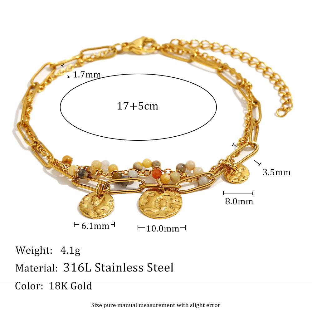 Fashionable Minimalist Geometric Stainless Steel Plated 18K Gold Double-Layer Round Coin Pendant Bracelet for Women