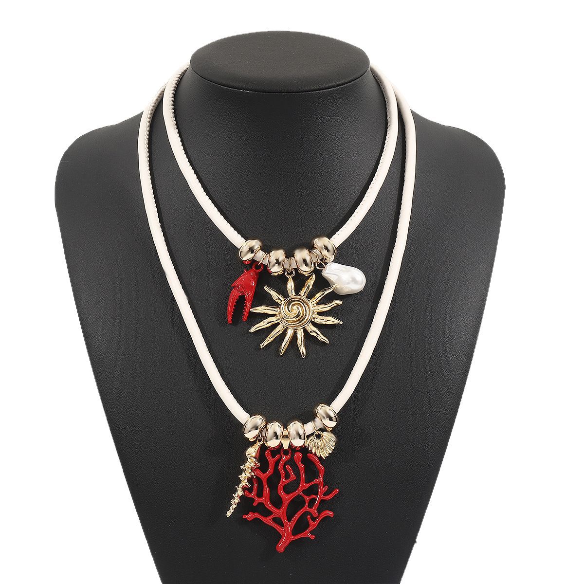 Collana Pendente Sole a Ramo di Corallo Bohemien con Pendente in Lega a Forma Geometrica e Cordino in Pelle per Donne
