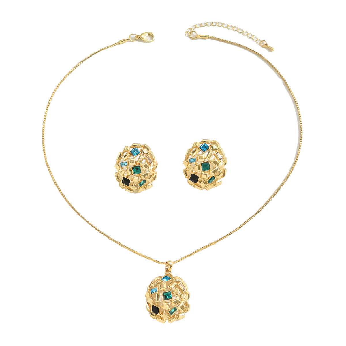 Juego de collar y aretes geométricos minimalistas de cobre con incrustaciones de pedrería, bañados en oro de 18K