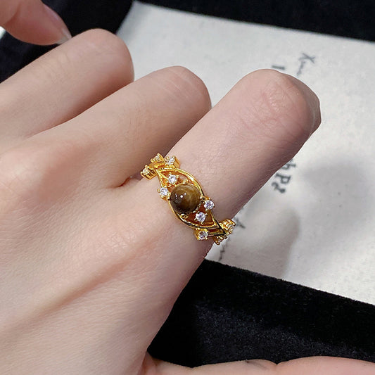 Anillo de Cobre Bañado en Oro Mate con Forma Geométrica, Ojo de Tigre y Circonitas para Mujer, Estilo Vintage Artístico Minimalista para Dedo Índice