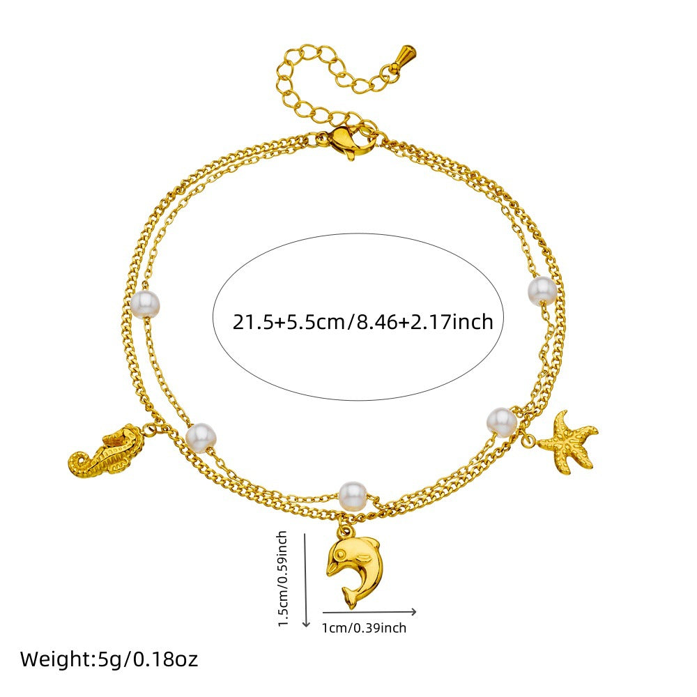 Elegant Double Layer Stainless Steel Starfish Pearl Anklet
