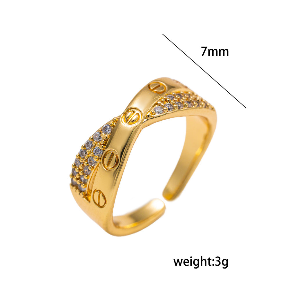 Minimalist Fashion 18K Gold Plated Geometric Letter Zircon Inlay Adjustable Ring for Women