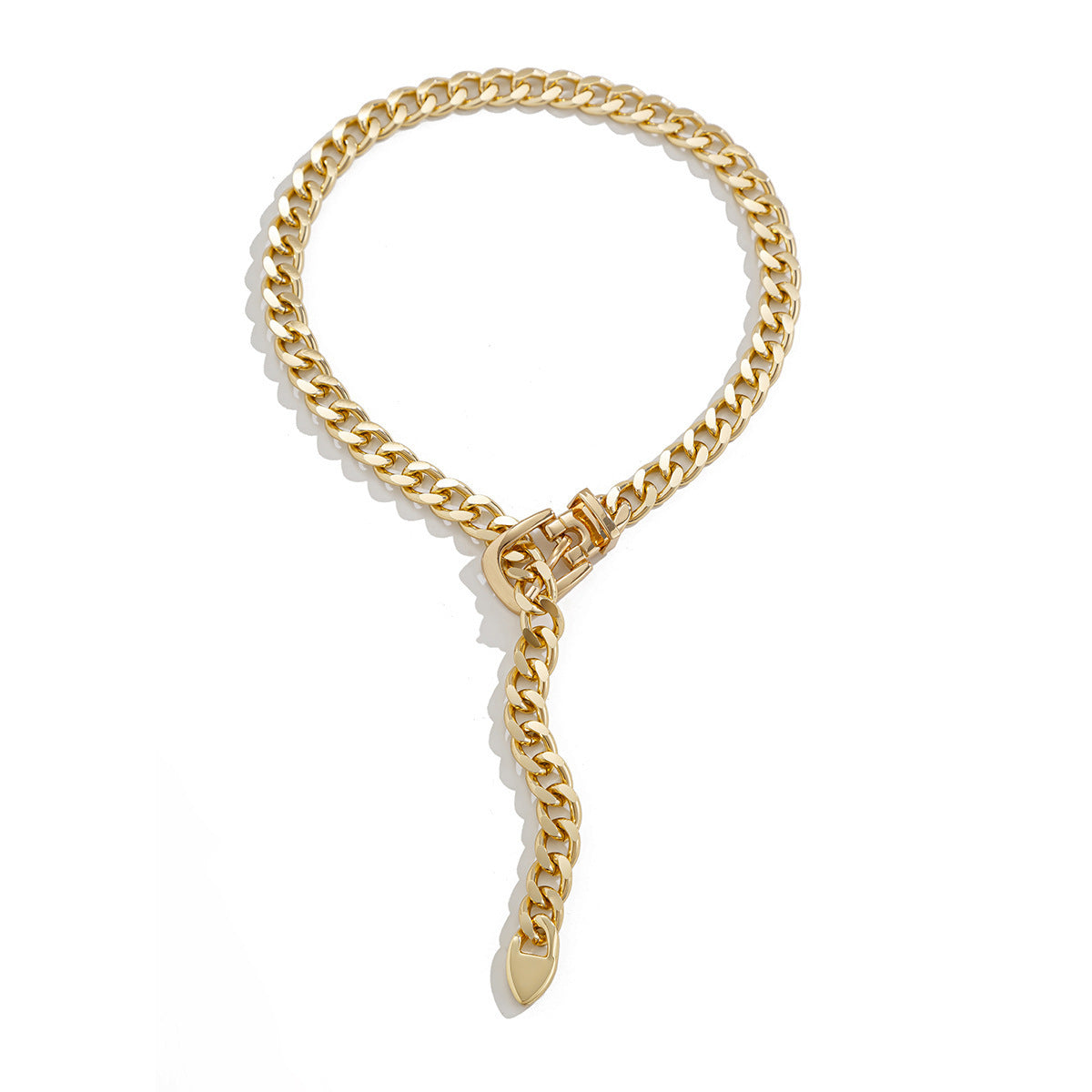 Punk Geometric Metal-Look Belt Buckle Necklace for Women with Electroplated Alloy Pendant and Aluminum Chain