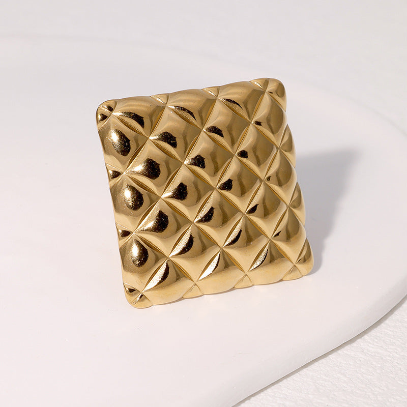 Light Luxury Geometric Open Ring 18K Gold Plated Stainless Steel Rhombus Pattern Jewelry for Women